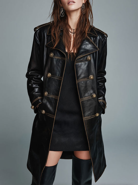 Women's Black Faux Leather Military Midi Coat with Gold Double-Breasted
