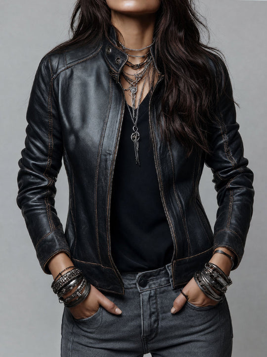 Women's Black Distressed Faux Leather Moto Jacket