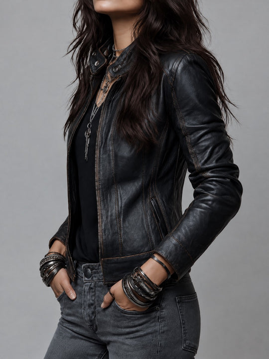 Women's Black Distressed Faux Leather Moto Jacket