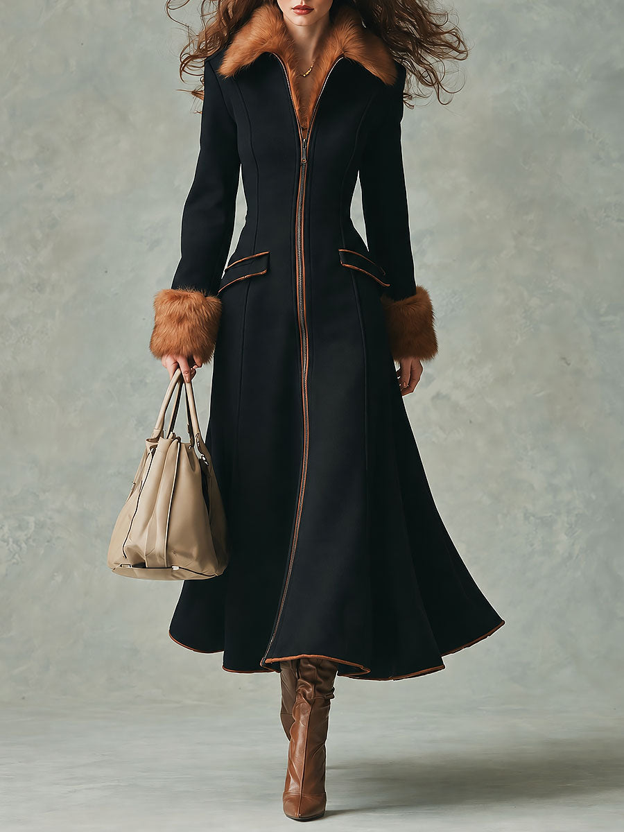 Retro Front Zipper Design Black Fitted Flared Wool-blend Coat With Faux Fur Collar