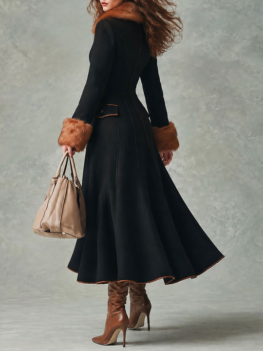 Retro Front Zipper Design Black Fitted Flared Wool-blend Coat With Faux Fur Collar