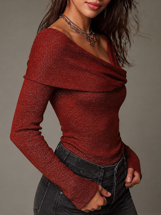 Retro Metallic Shimmer Off-Shoulder Twist Fold-Over Neck Slim Knit Sweater
