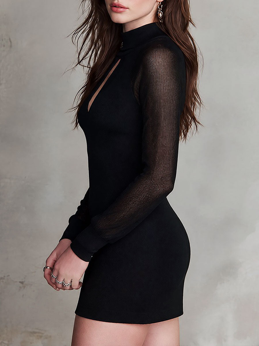 Black Mock Neck Keyhole Cutout Sheer Raglan Sleeve Knit Mini Dress