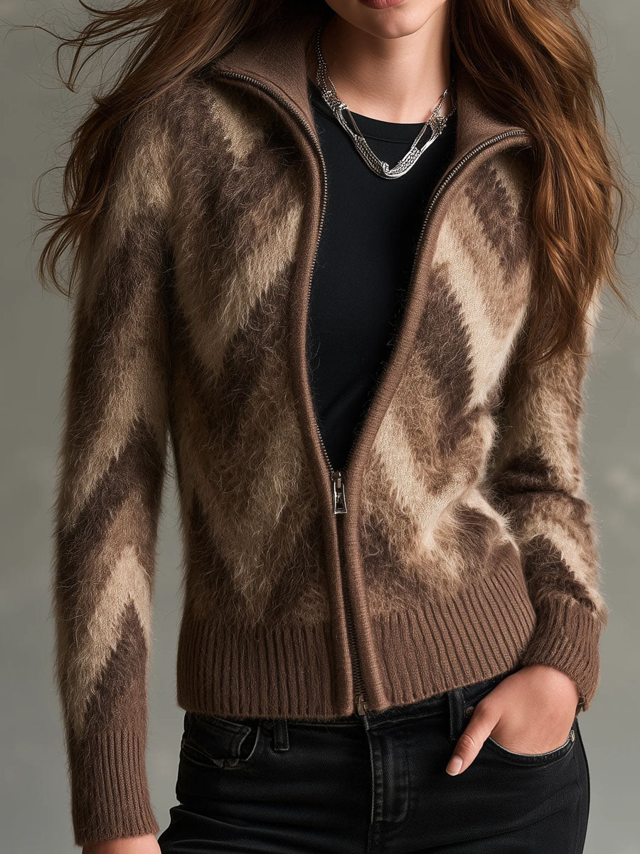 Retro Fuzzy Chevron Knit Zip-Up Cardigan Sweater With Stand Collar
