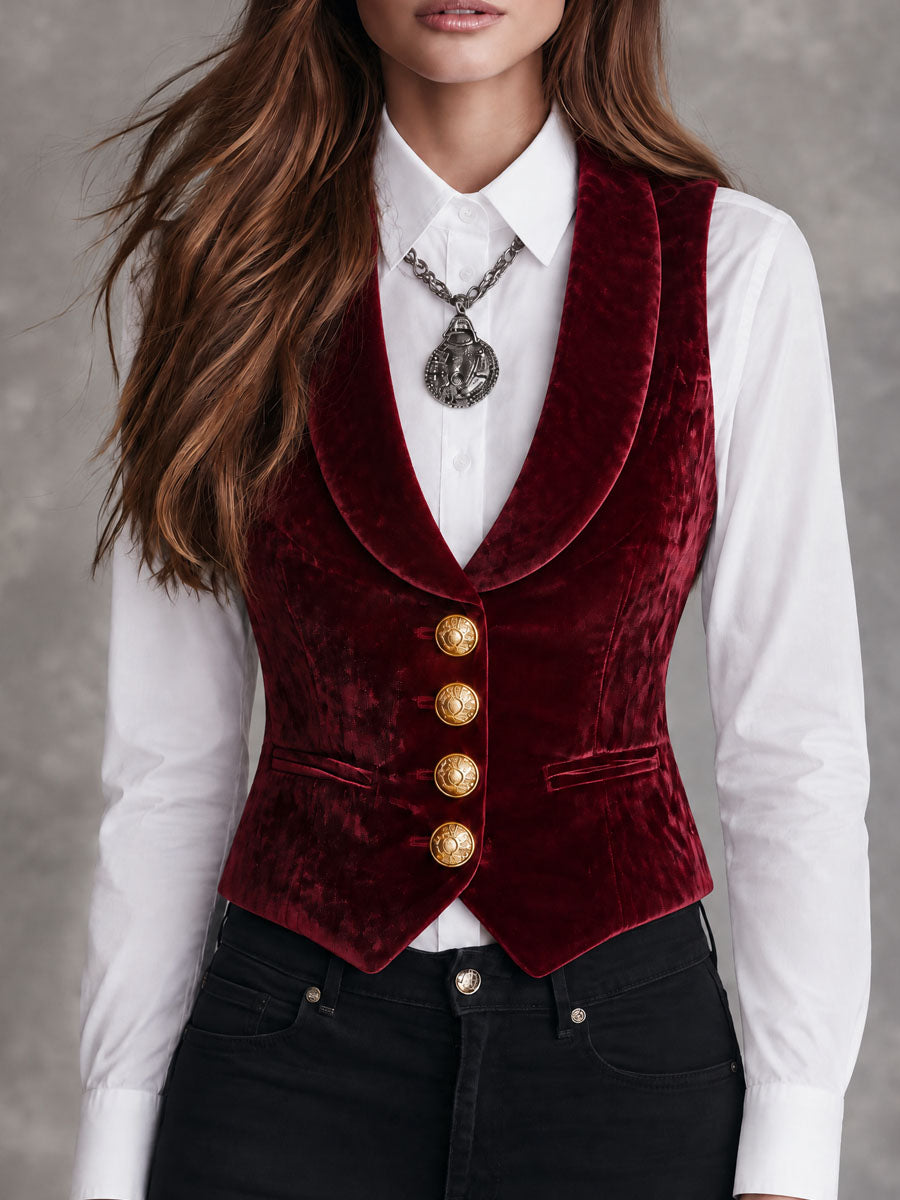 Retro Burgundy Velvet Blazer And Vest Two-Piece Set