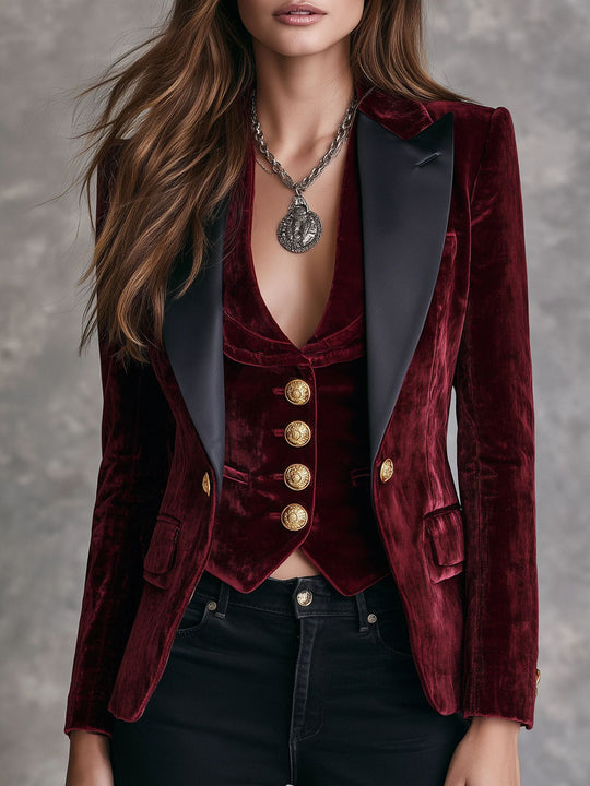 Retro Burgundy Velvet Blazer And Vest Two-Piece Set
