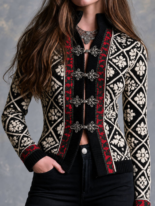 Retro Black Geometric Floral Jacquard Knit Cardigan With Silver Clasp Closures
