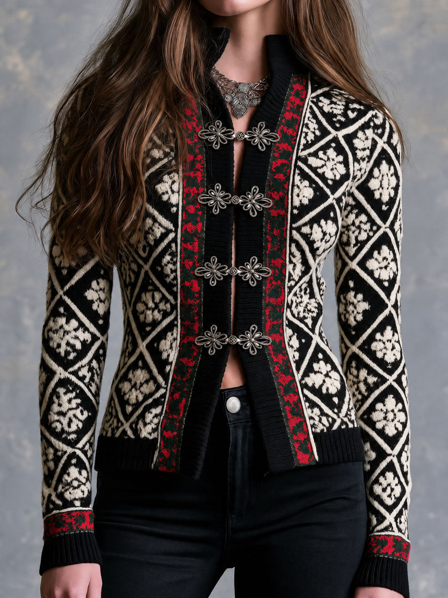 Retro Black Geometric Floral Jacquard Knit Cardigan With Silver Clasp Closures