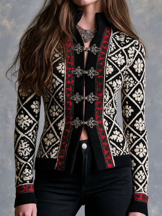 Retro Black Geometric Floral Jacquard Knit Cardigan With Silver Clasp Closures