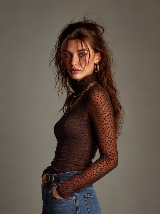 Women's Brown Polka Dot Sheer Mesh Turtleneck Long Sleeve Slim Fit Top