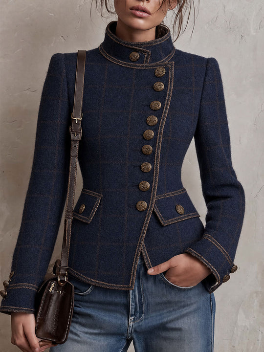 Women's Navy Plaid Wool-Blend Asymmetric Placket Jacket