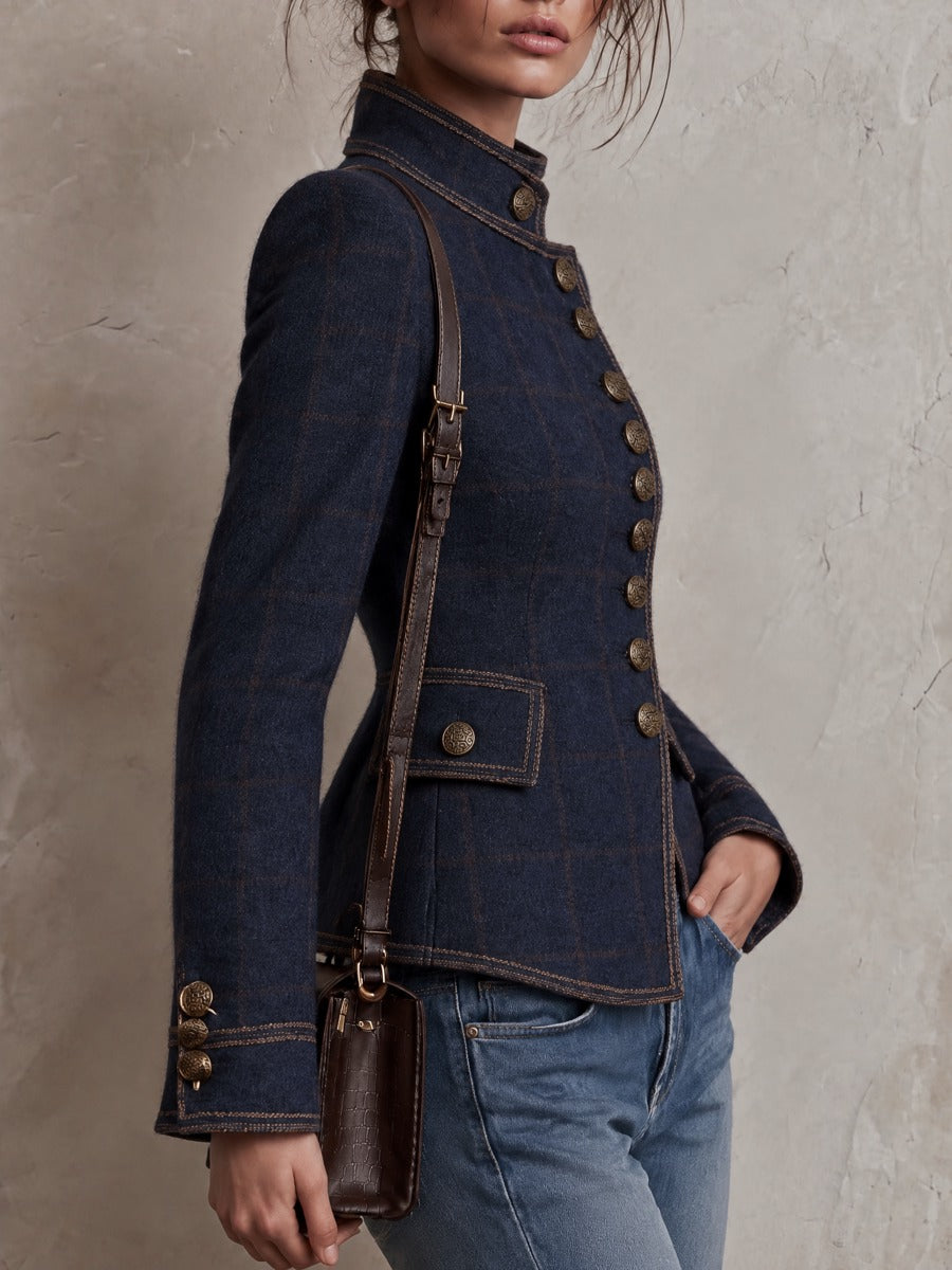 Women's Navy Plaid Wool-Blend Asymmetric Placket Jacket