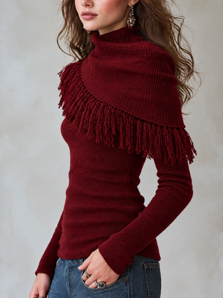 Burgundy High Neck Fringe Shawl Overlay Slim Fit Pullover Sweater
