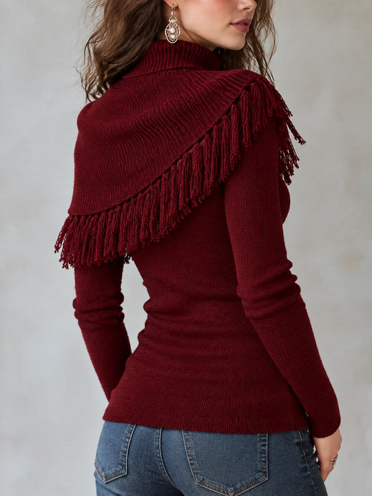 Burgundy High Neck Fringe Shawl Overlay Slim Fit Pullover Sweater