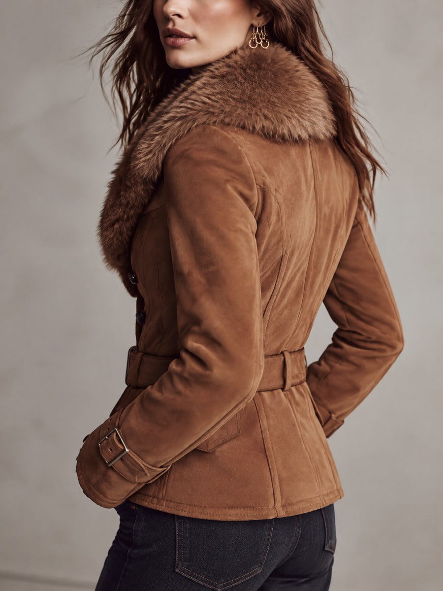 Women's Caramel Brown Suede-Look Belted Double-Breasted Jacket with Faux Fur Collar