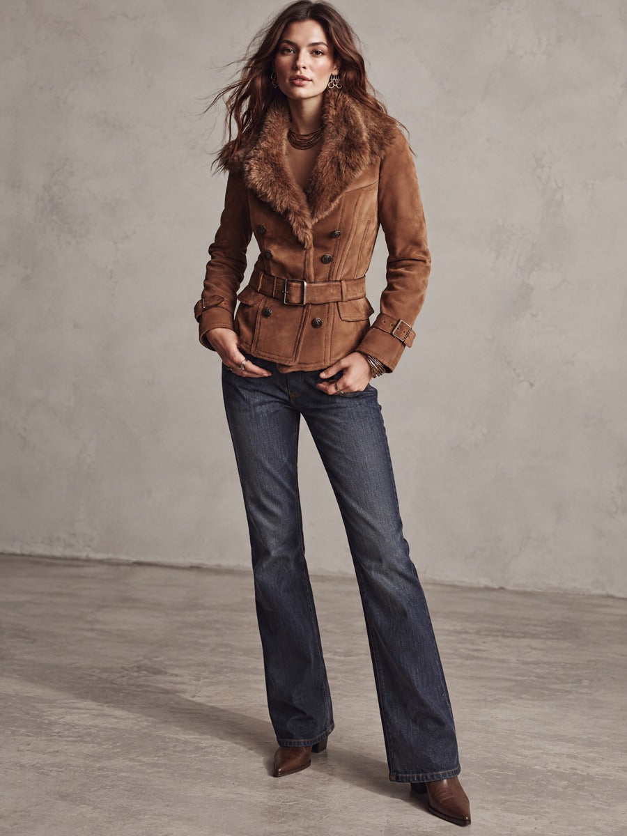 Women's Caramel Brown Suede-Look Belted Double-Breasted Jacket with Faux Fur Collar