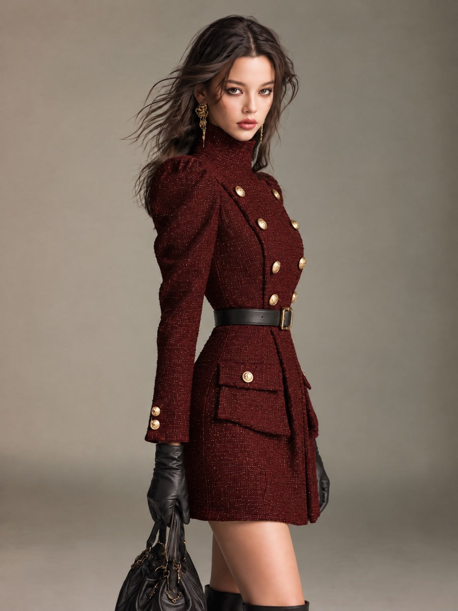 Burgundy Tweed Stand Collar Mini Dress with Double-Breasted Gold Buttons