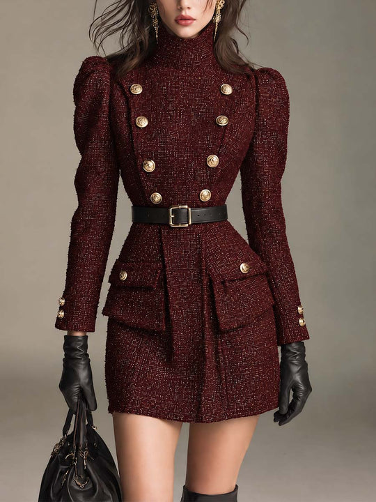 Burgundy Tweed Stand Collar Mini Dress with Double-Breasted Gold Buttons