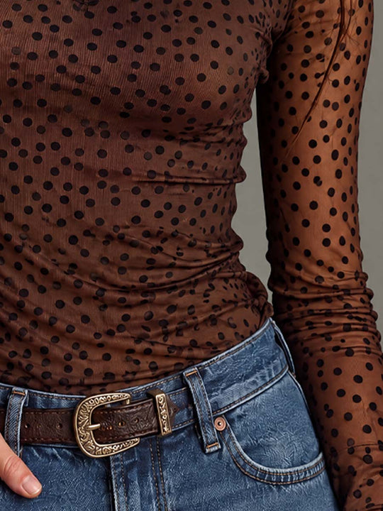 Women's Brown Polka Dot Sheer Mesh Turtleneck Long Sleeve Slim Fit Top