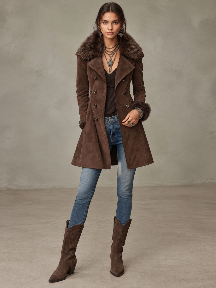 Vintage Faux Suede Double-Breasted Coat With Faux Fur Collar And Cuffs