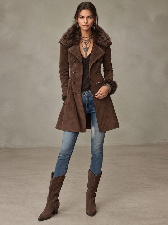 Vintage Faux Suede Double-Breasted Coat With Faux Fur Collar And Cuffs