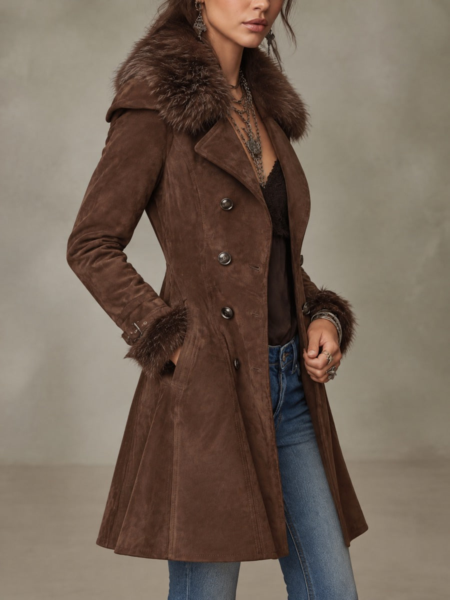 Vintage Faux Suede Double-Breasted Coat With Faux Fur Collar And Cuffs