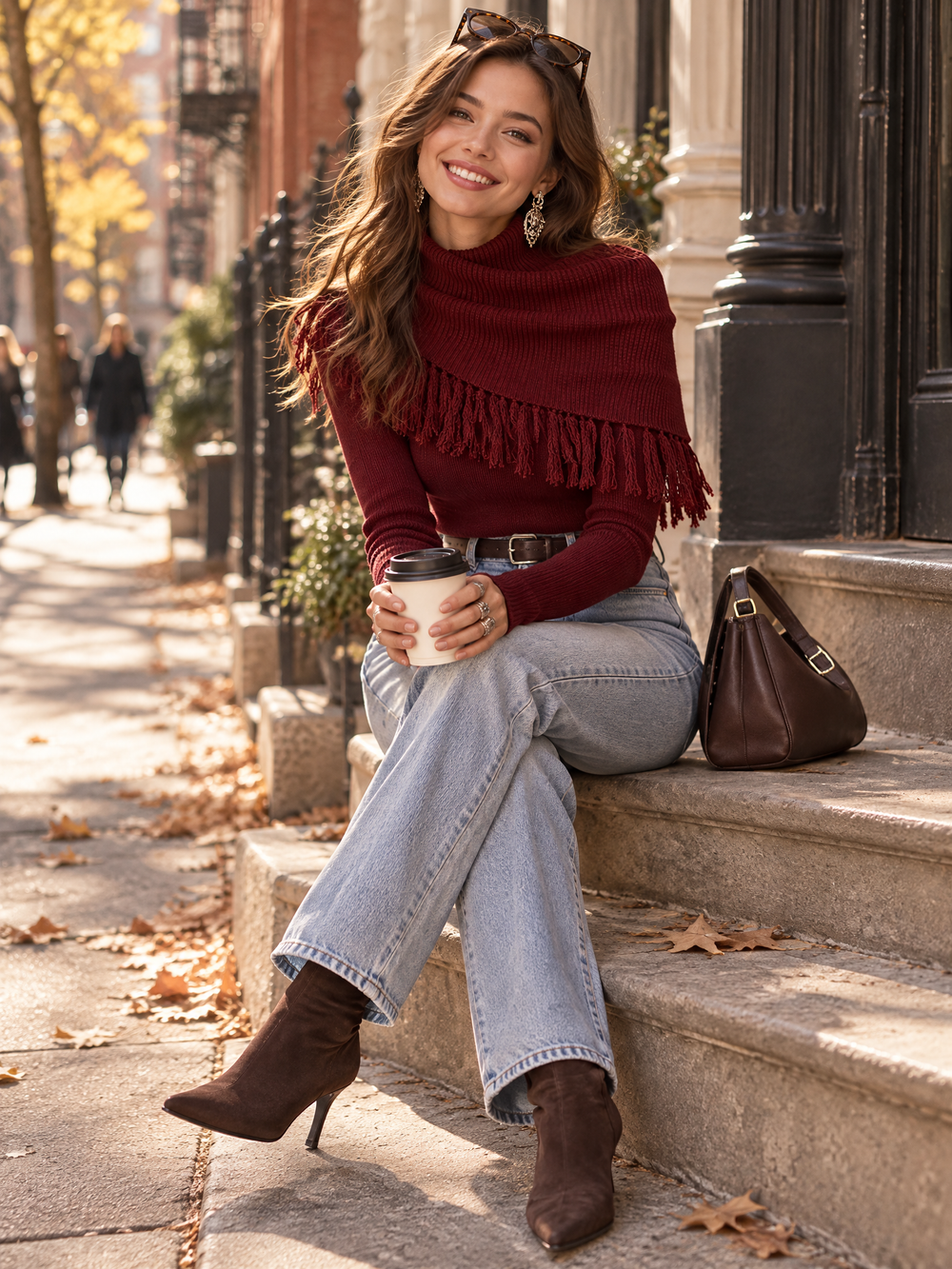 Burgundy High Neck Fringe Shawl Overlay Slim Fit Pullover Sweater