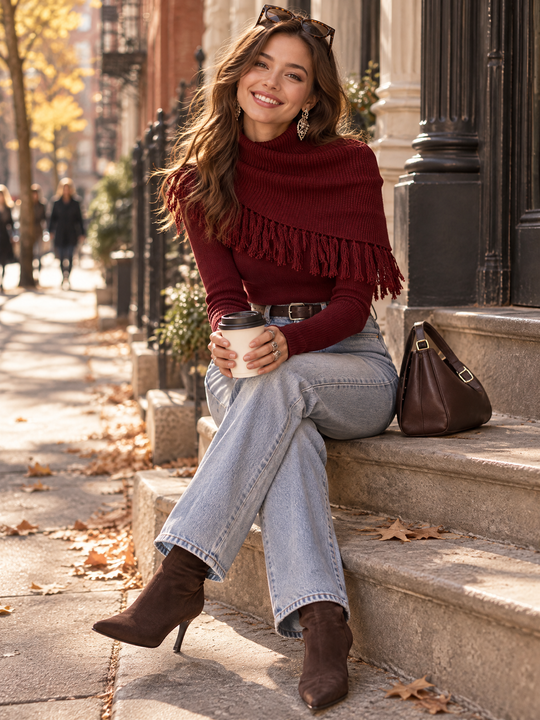 Burgundy High Neck Fringe Shawl Overlay Slim Fit Pullover Sweater