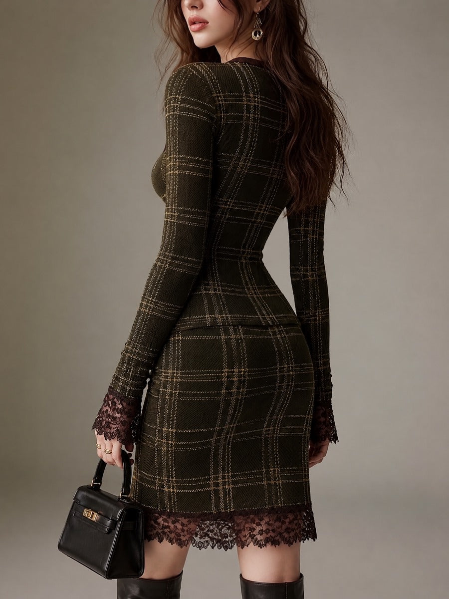 Vintage Olive Green Soft Knit Plaid Sweetheart Neck Pencil Skirt Set With Lace Trim