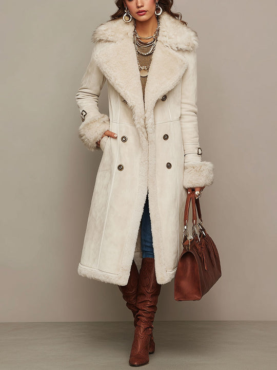 Women's Cream Faux Suede Long Coat With Faux Fur Trim Lapel
