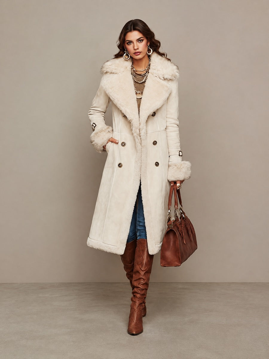 Women's Cream Faux Suede Long Coat With Faux Fur Trim Lapel
