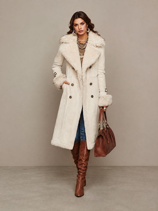 Women's Cream Faux Suede Long Coat With Faux Fur Trim Lapel