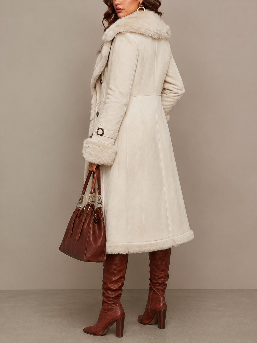 Women's Cream Faux Suede Long Coat With Faux Fur Trim Lapel