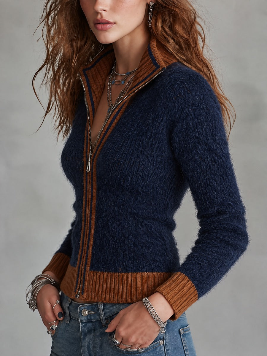 Women's Navy Fuzzy Knit Zip-Up Cardigan Sweater with Contrast Rust Trim