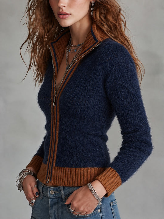 Women's Navy Fuzzy Knit Zip-Up Cardigan Sweater with Contrast Rust Trim