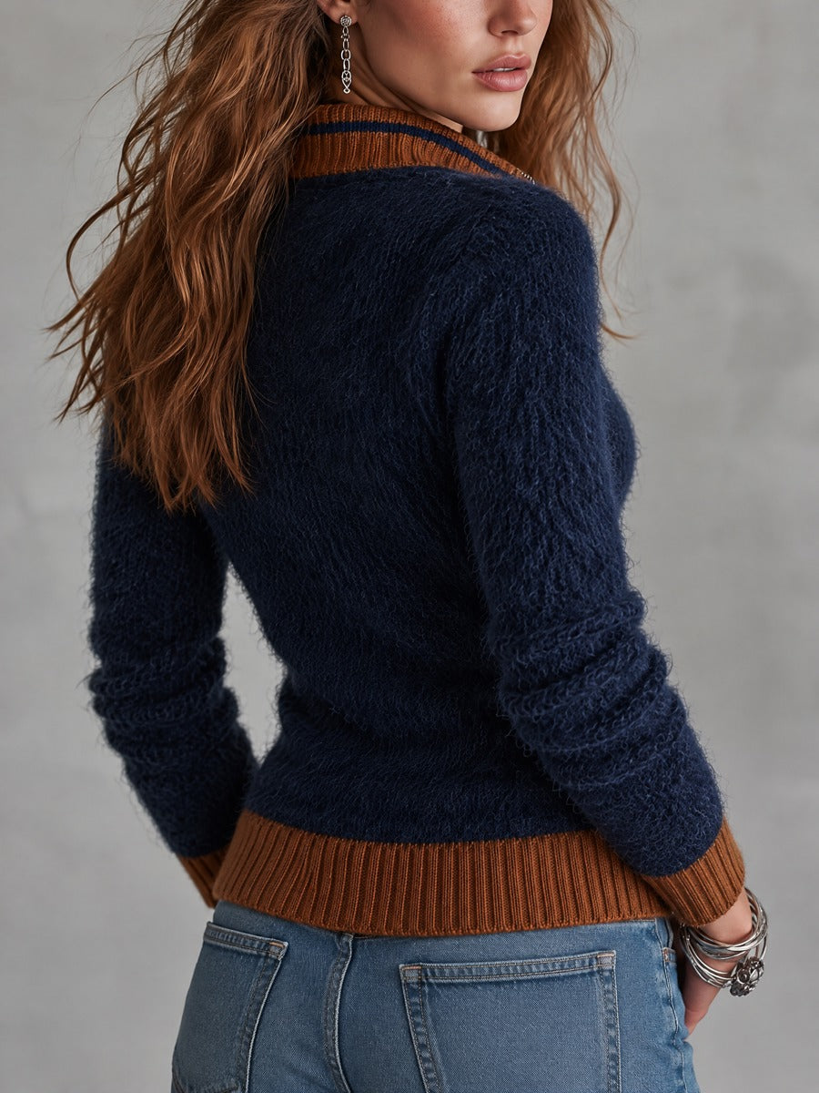 Women's Navy Fuzzy Knit Zip-Up Cardigan Sweater with Contrast Rust Trim