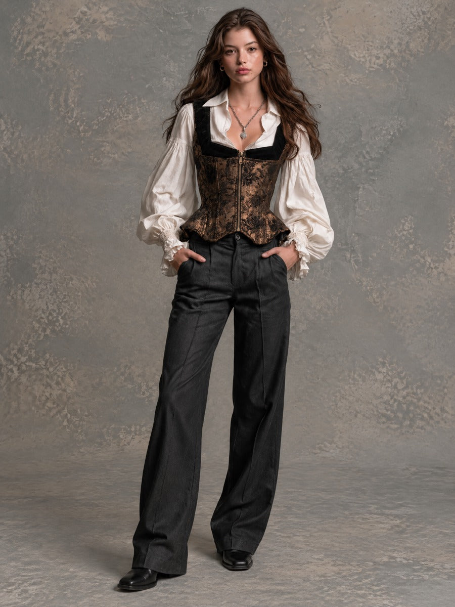 Vintage Bronze Floral Print Zip-Front Corset Vest
