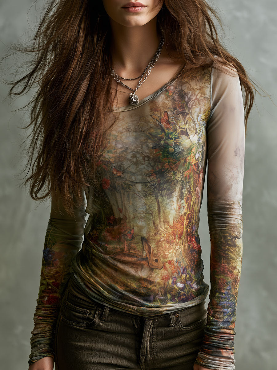 Boho Woodland Floral Rabbit Print Scoop Neck Slim Fit T-Shirt
