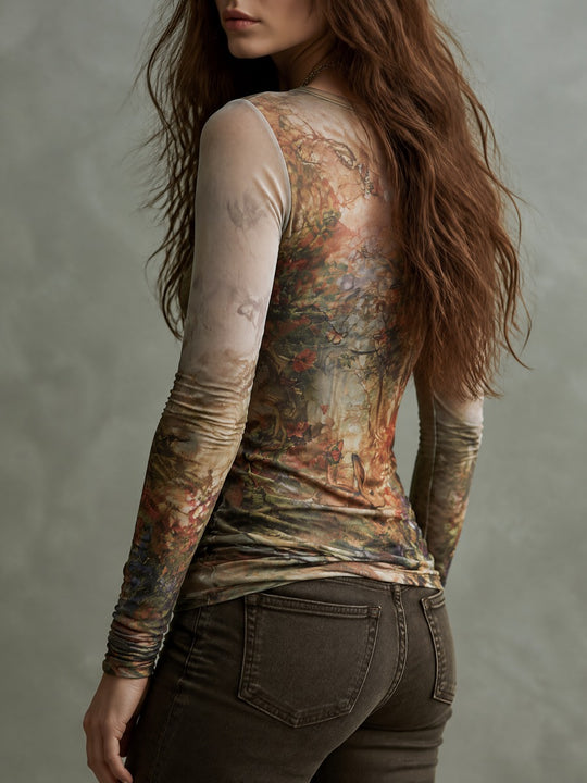 Boho Woodland Floral Rabbit Print Scoop Neck Slim Fit T-Shirt