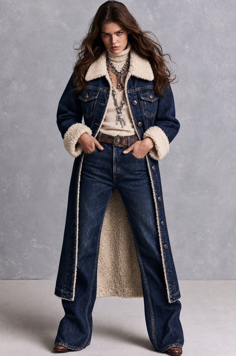 Dark Indigo Wash Longline Denim Coat With Cream Faux Shearling Lining