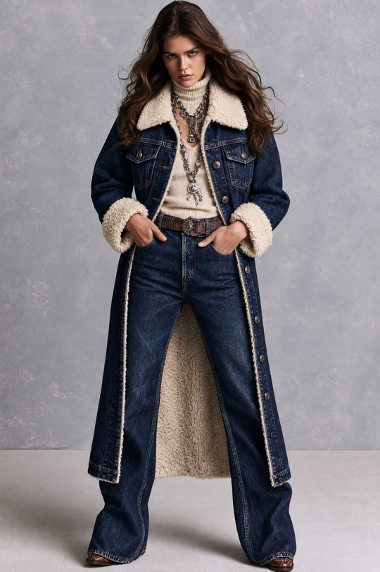 Dark Indigo Wash Longline Denim Coat With Cream Faux Shearling Lining