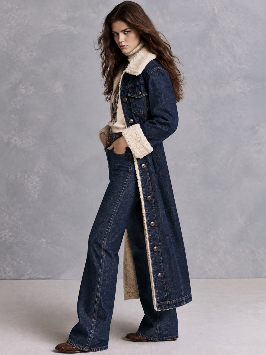Dark Indigo Wash Longline Denim Coat With Cream Faux Shearling Lining