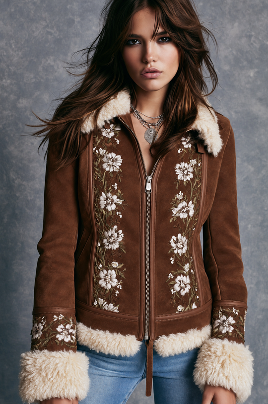 Boho Brown Microsuede Floral Embroidered Zip-Up Jacket With Faux Shearling Trim