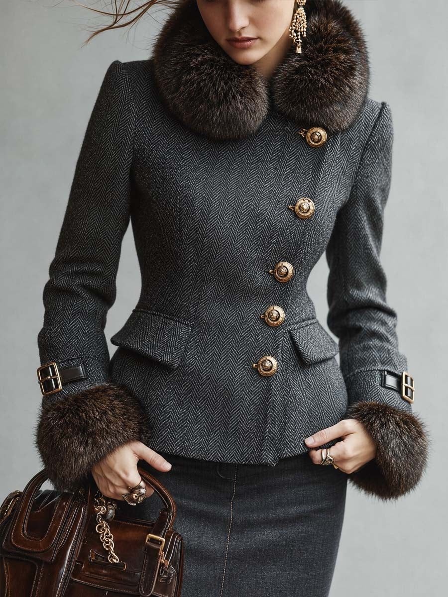 Women's Faux Fur Collar And Cuffs Herringbone Fitted Jacket