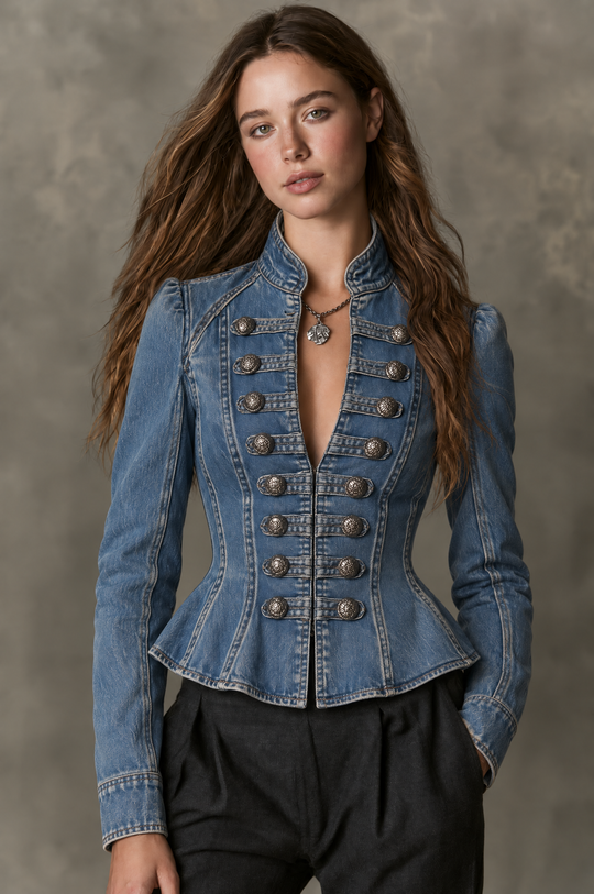 Vintage Stand Collar Denim Metal Buttons Fitted Jacket