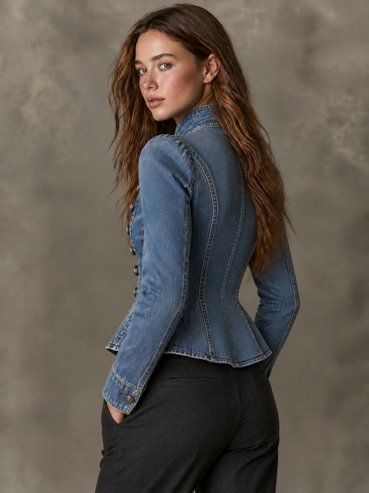 Vintage Stand Collar Denim Metal Buttons Fitted Jacket