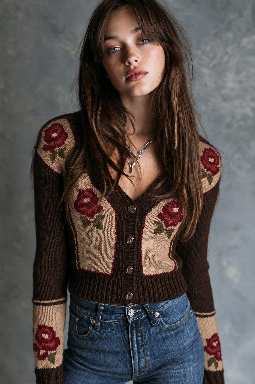 Vintage Rose Pattern Button Front Knit Cardigan