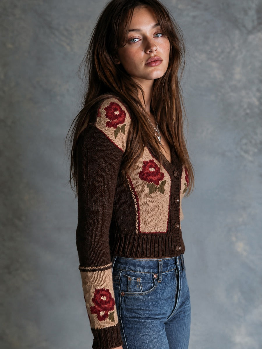 Vintage Rose Pattern Button Front Knit Cardigan