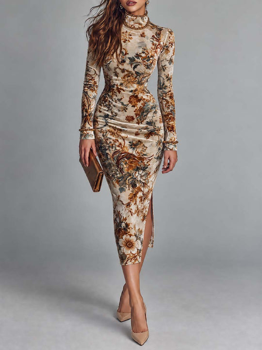 Vintage Velvet Ivory Floral Print Mock Neck Long Sleeve Bodycon Midi Dress With Front Slit