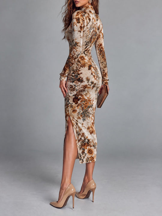 Vintage Velvet Ivory Floral Print Mock Neck Long Sleeve Bodycon Midi Dress With Front Slit